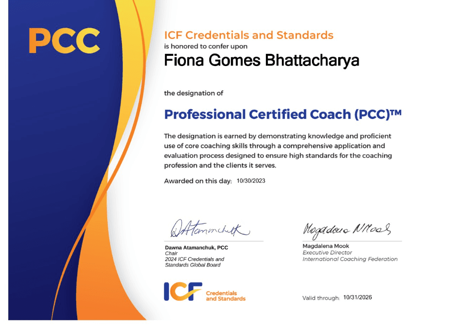 International Coaching Federation Professional Certification for Fiona Gomes